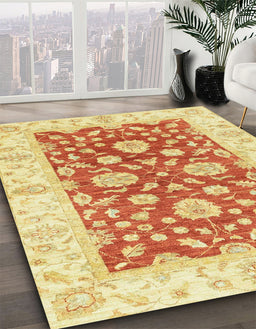 Abstract Mustard Yellow Oriental Rug in Family Room, abs3712