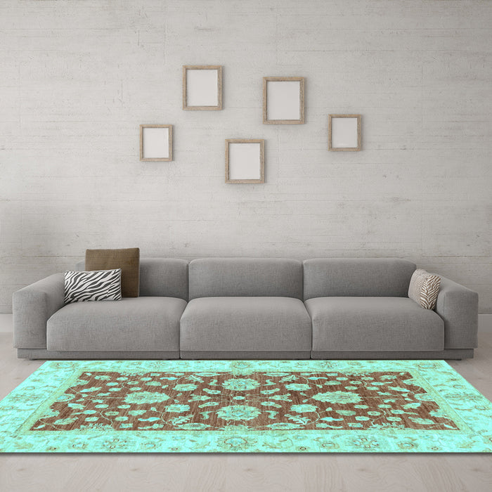 Machine Washable Oriental Light Blue Traditional Rug in a Living Room, wshabs3712lblu