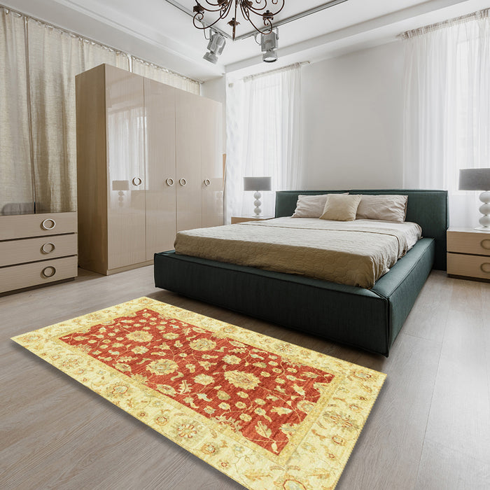 Machine Washable Abstract Mustard Yellow Rug in a Bedroom, wshabs3712