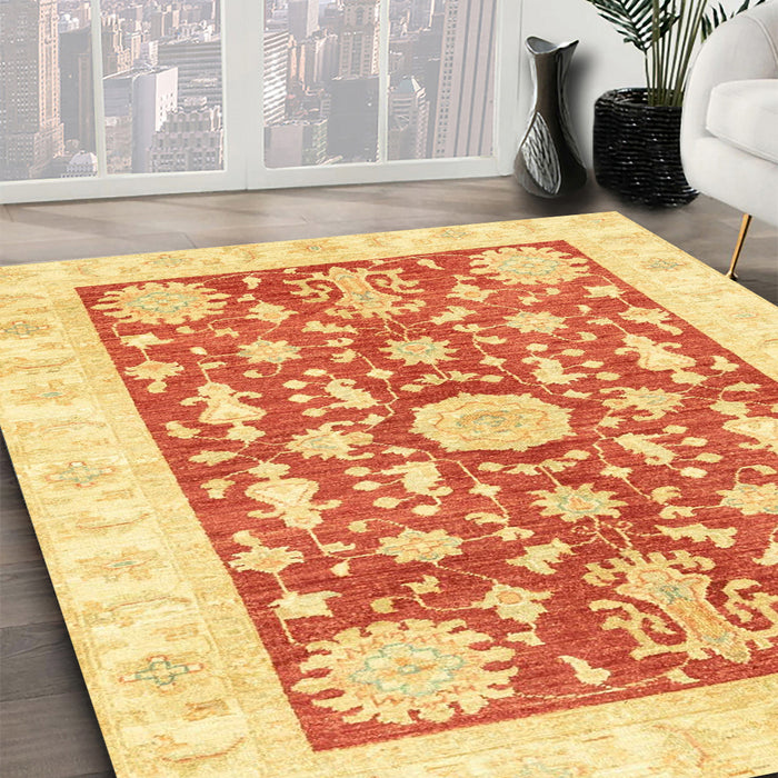 Abstract Chrome Gold Yellow Oriental Rug in Family Room, abs3713
