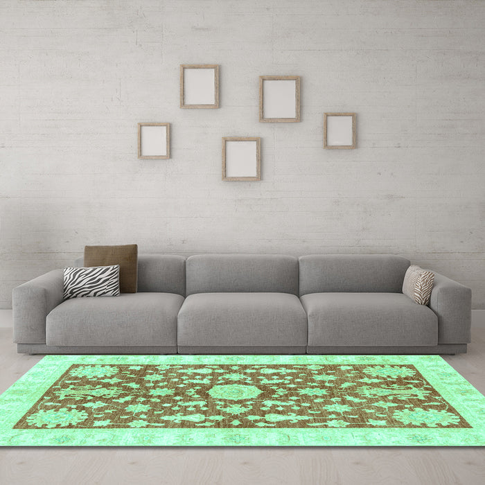Machine Washable Oriental Turquoise Traditional Area Rugs in a Living Room,, wshabs3713turq
