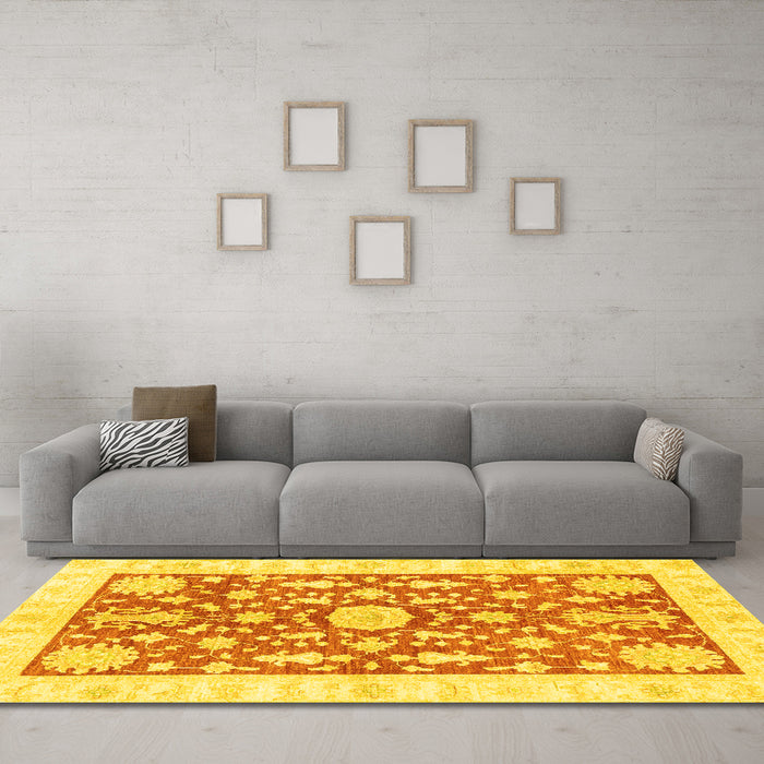 Machine Washable Oriental Yellow Traditional Rug in a Living Room, wshabs3713yw