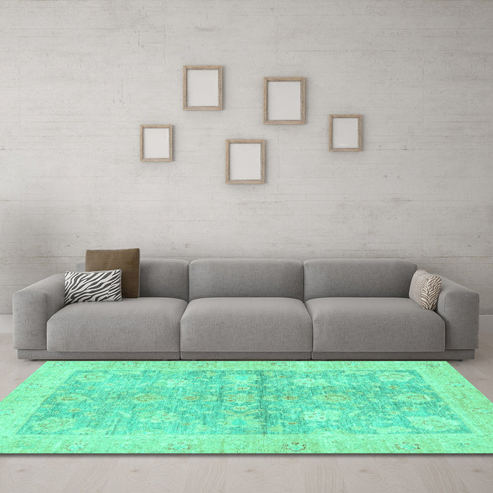 Machine Washable Oriental Turquoise Traditional Area Rugs in a Living Room,, wshabs3714turq