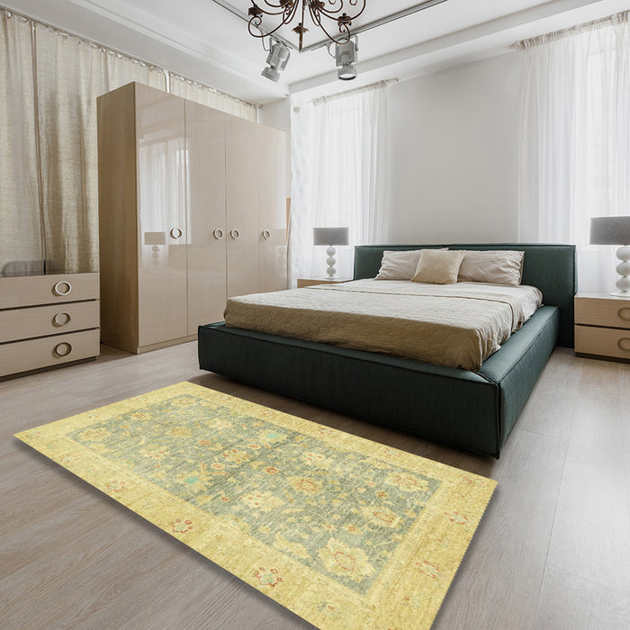 Machine Washable Abstract Mustard Yellow Rug in a Bedroom, wshabs3714