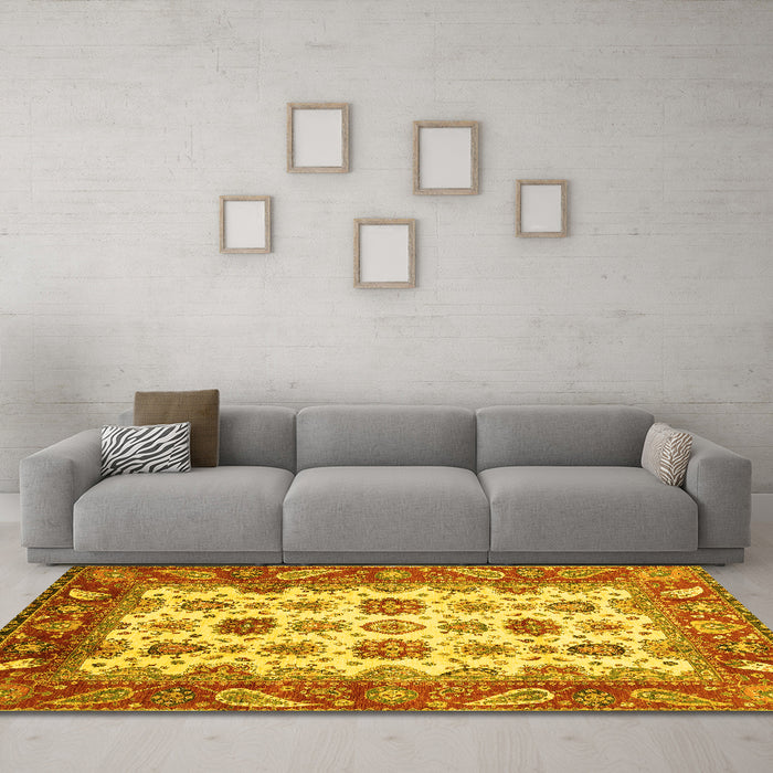 Machine Washable Abstract Yellow Modern Rug in a Living Room, wshabs3716yw