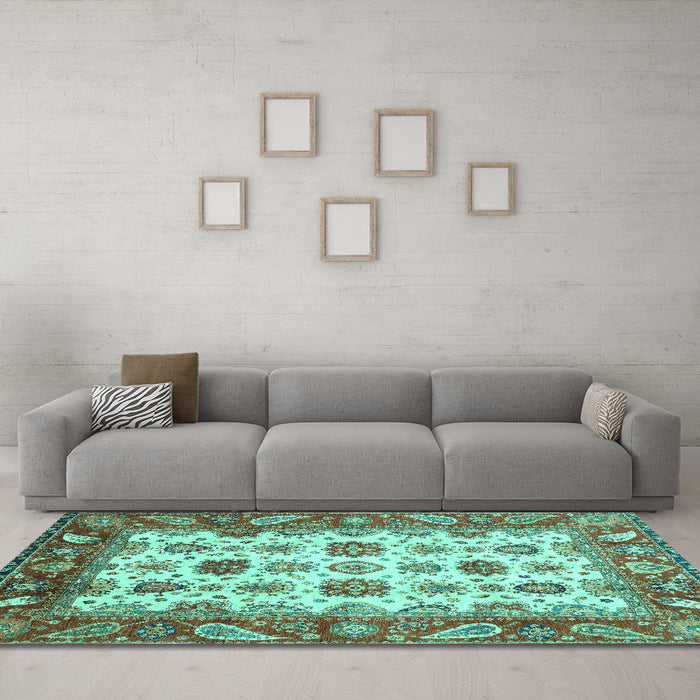 Machine Washable Abstract Turquoise Modern Area Rugs in a Living Room,, wshabs3716turq