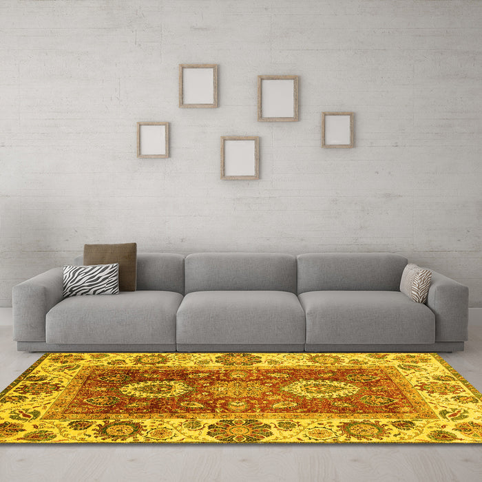 Machine Washable Abstract Yellow Modern Rug in a Living Room, wshabs3717yw