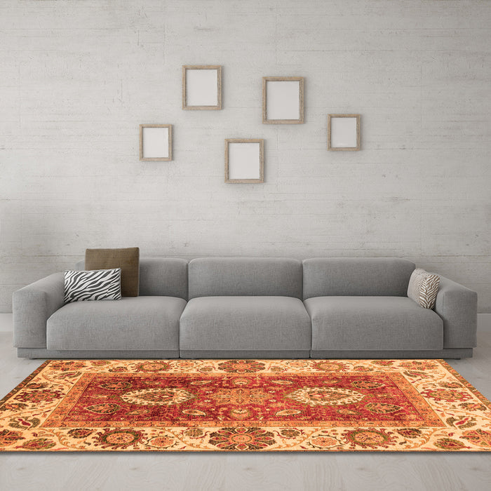 Machine Washable Abstract Orange Modern Area Rugs in a Living Room, wshabs3717org