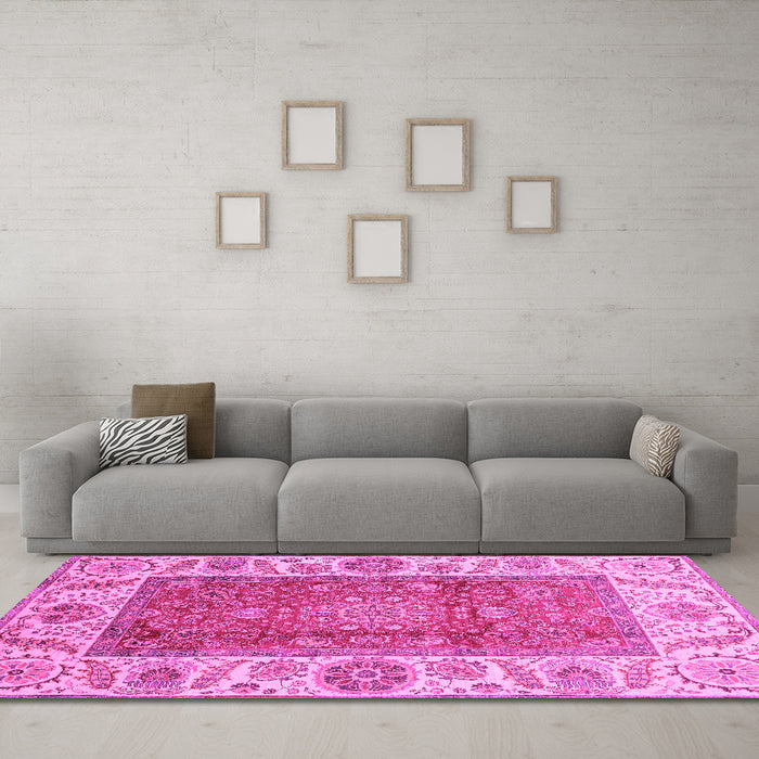 Machine Washable Abstract Pink Modern Rug in a Living Room, wshabs3718pnk