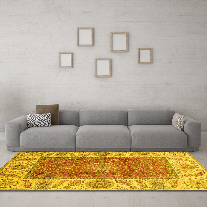 Machine Washable Abstract Yellow Modern Rug in a Living Room, wshabs3718yw
