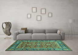 Machine Washable Oriental Turquoise Traditional Area Rugs in a Living Room,, wshabs3720turq
