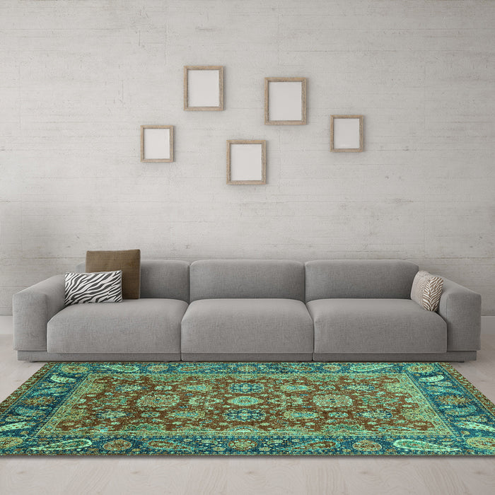 Machine Washable Oriental Turquoise Traditional Area Rugs in a Living Room,, wshabs3720turq