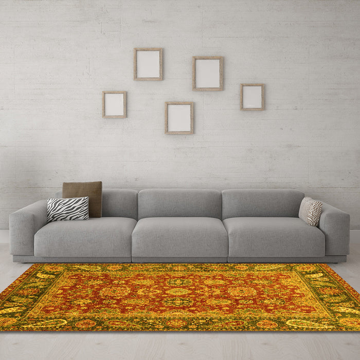 Machine Washable Oriental Yellow Traditional Rug in a Living Room, wshabs3720yw