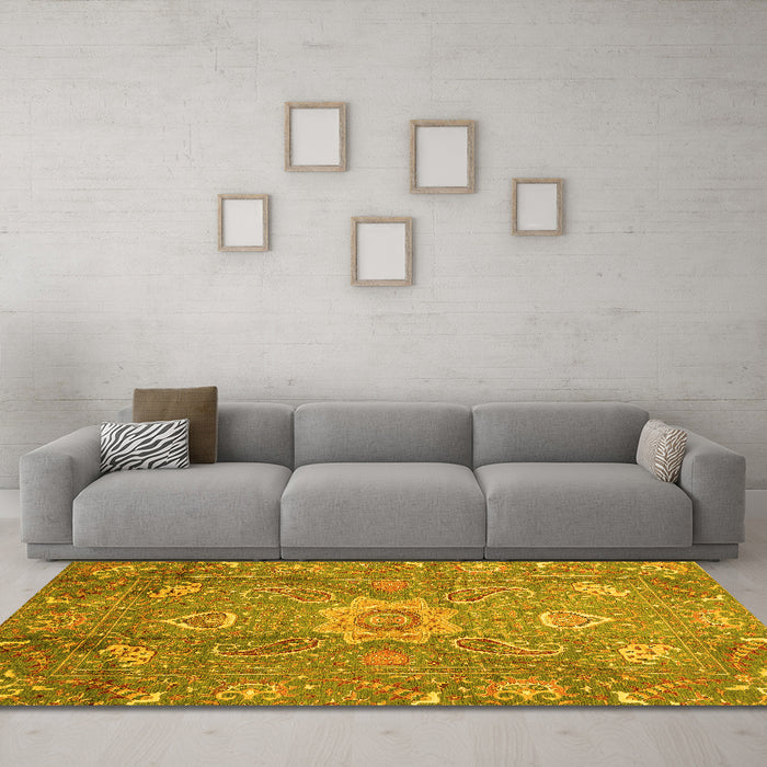 Machine Washable Oriental Yellow Traditional Rug in a Living Room, wshabs3721yw