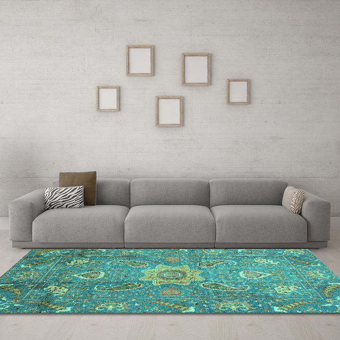 Machine Washable Oriental Turquoise Traditional Area Rugs in a Living Room,, wshabs3721turq