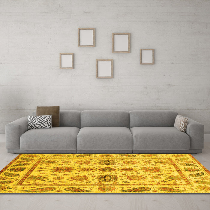 Machine Washable Abstract Yellow Modern Rug in a Living Room, wshabs3726yw