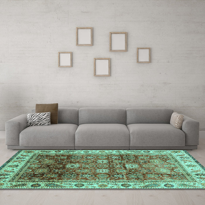 Machine Washable Abstract Turquoise Modern Area Rugs in a Living Room,, wshabs3730turq