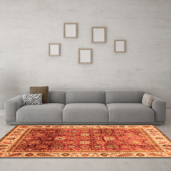 Machine Washable Abstract Orange Modern Area Rugs in a Living Room, wshabs3730org