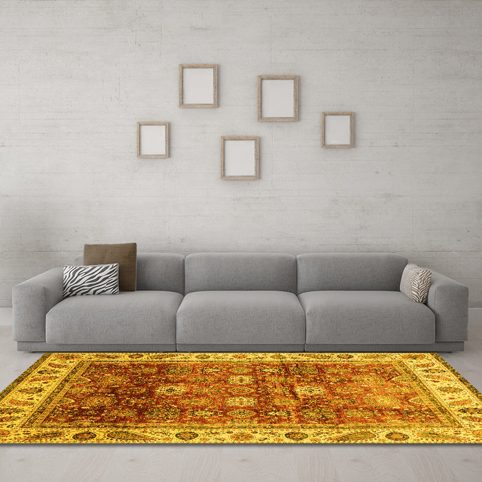 Machine Washable Abstract Yellow Modern Rug in a Living Room, wshabs3730yw