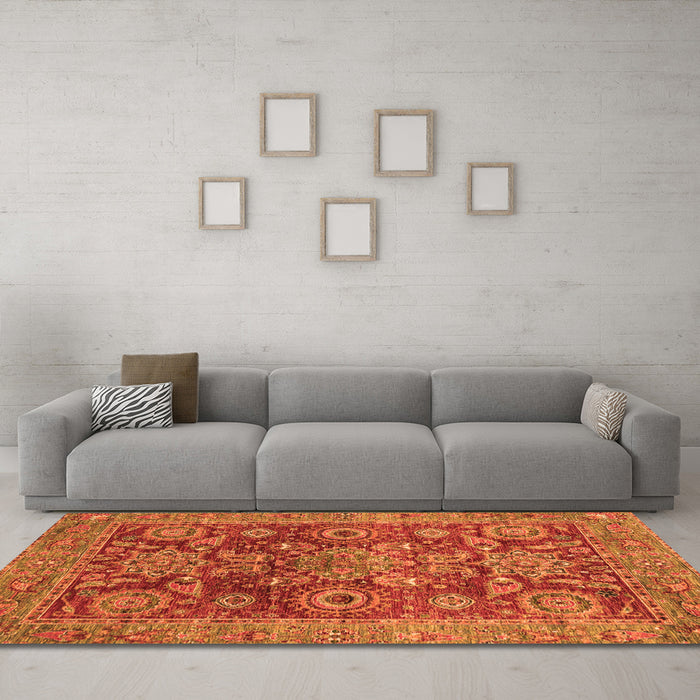 Machine Washable Abstract Orange Modern Area Rugs in a Living Room, wshabs3731org
