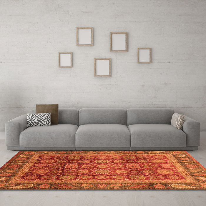 Machine Washable Abstract Orange Modern Area Rugs in a Living Room, wshabs3732org