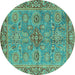 Round Machine Washable Oriental Turquoise Traditional Area Rugs, wshabs3733turq