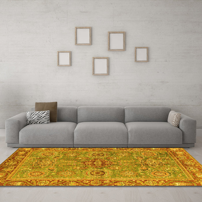 Machine Washable Oriental Yellow Traditional Rug in a Living Room, wshabs3733yw