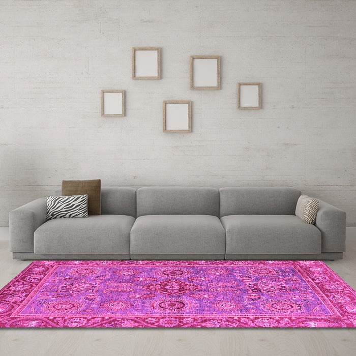Machine Washable Oriental Pink Traditional Rug in a Living Room, wshabs3733pnk
