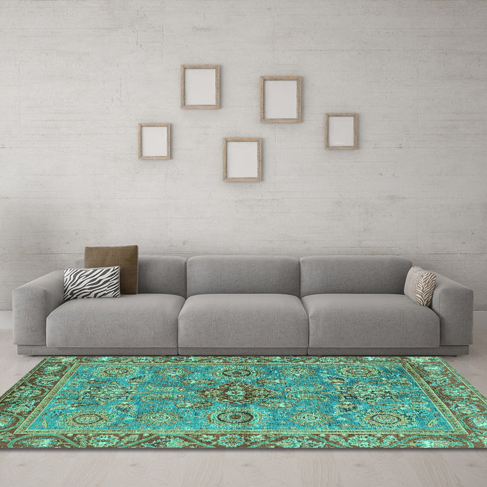 Machine Washable Oriental Turquoise Traditional Area Rugs in a Living Room,, wshabs3733turq