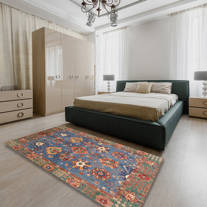 Abstract Chestnut Brown Oriental Rug in a Bedroom, abs3734