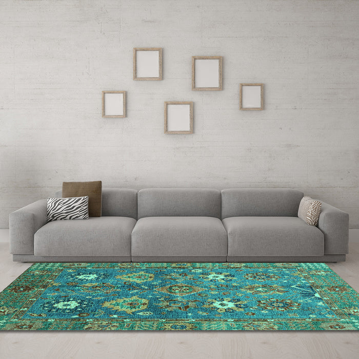 Machine Washable Oriental Turquoise Traditional Area Rugs in a Living Room,, wshabs3734turq