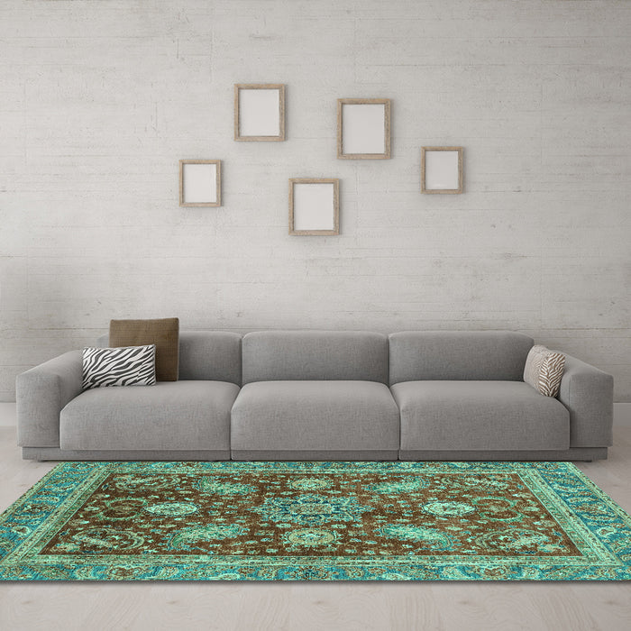 Machine Washable Abstract Turquoise Modern Area Rugs in a Living Room,, wshabs3735turq