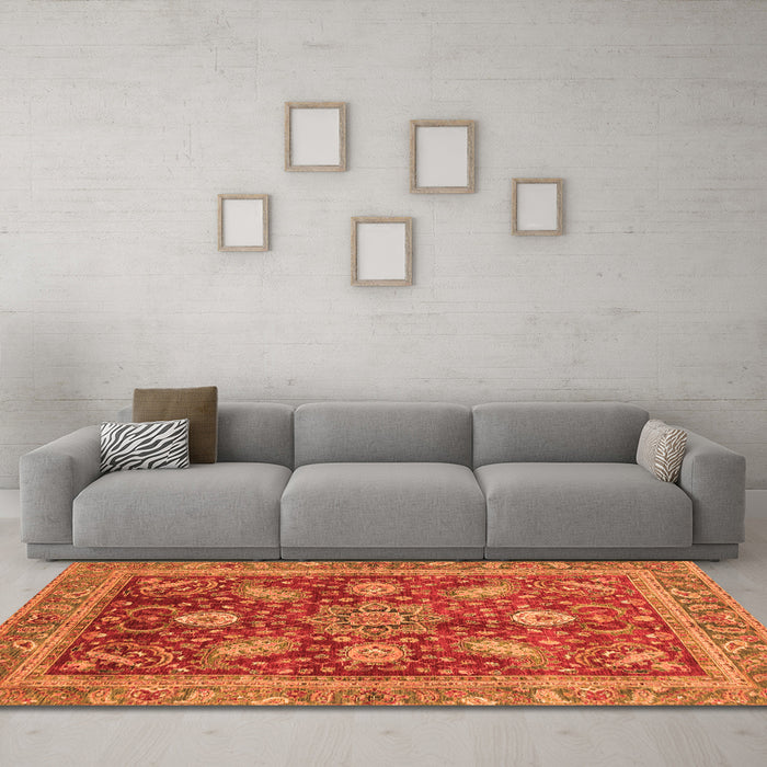 Machine Washable Abstract Orange Modern Area Rugs in a Living Room, wshabs3735org