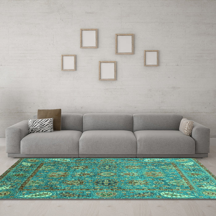 Machine Washable Oriental Turquoise Traditional Area Rugs in a Living Room,, wshabs3737turq
