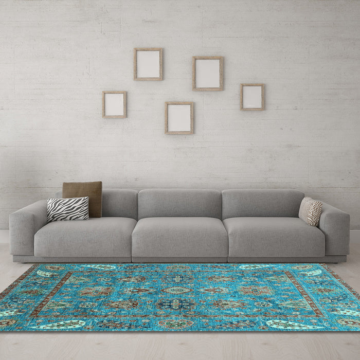 Machine Washable Oriental Light Blue Traditional Rug in a Living Room, wshabs3737lblu