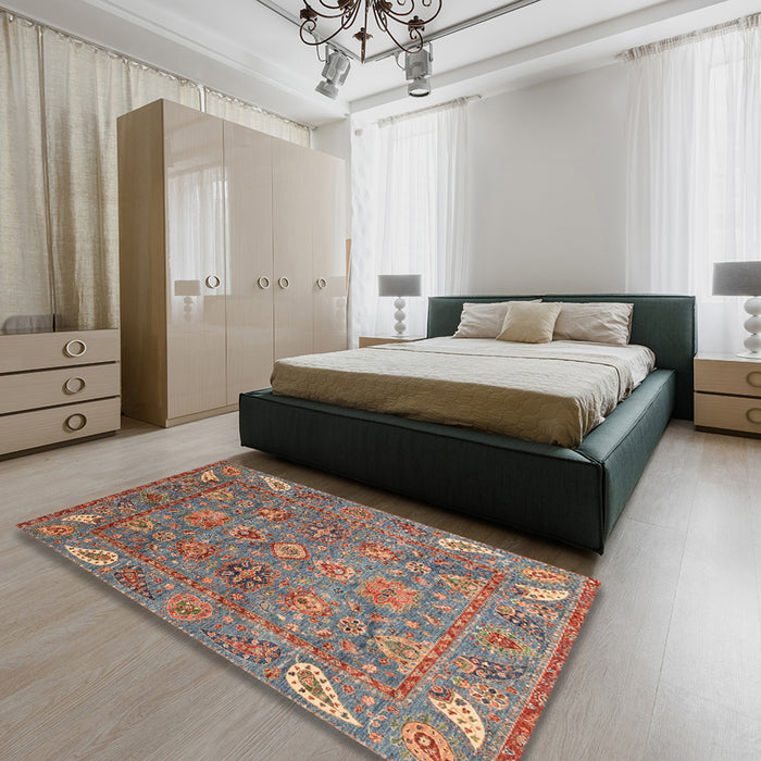 Abstract Camel Brown Oriental Rug in a Bedroom, abs3737