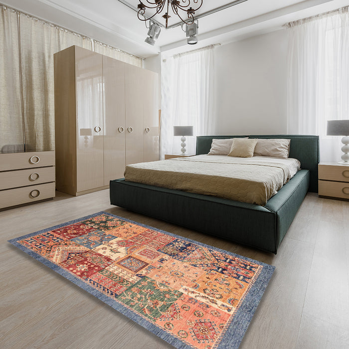 Machine Washable Abstract Light Copper Gold Rug in a Bedroom, wshabs3739