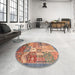 Round Machine Washable Abstract Light Copper Gold Rug in a Office, wshabs3739