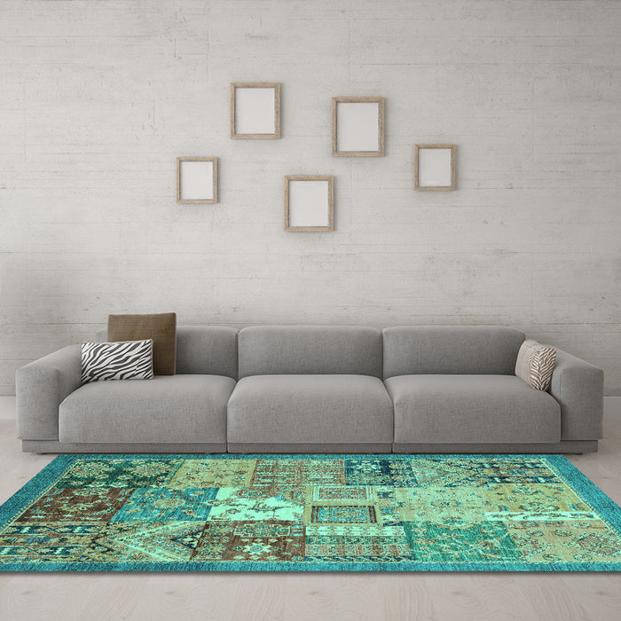 Machine Washable Abstract Turquoise Modern Area Rugs in a Living Room,, wshabs3739turq