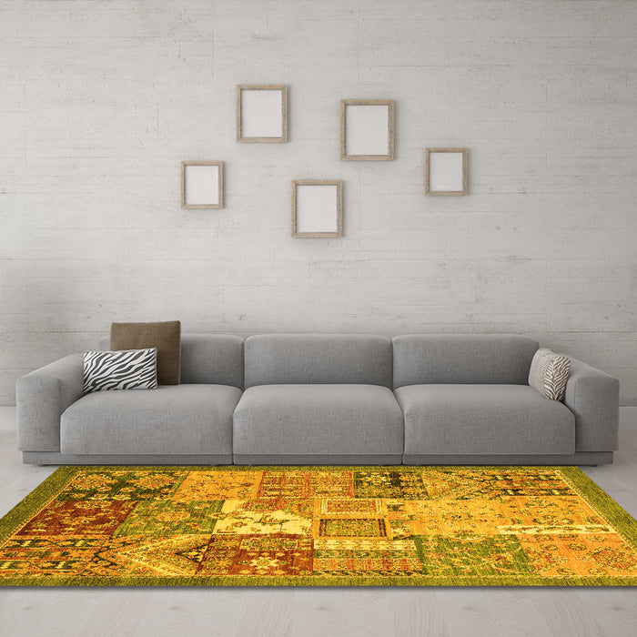 Machine Washable Abstract Yellow Modern Rug in a Living Room, wshabs3739yw