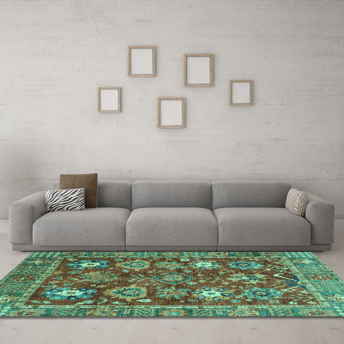 Machine Washable Oriental Turquoise Traditional Area Rugs in a Living Room,, wshabs3740turq