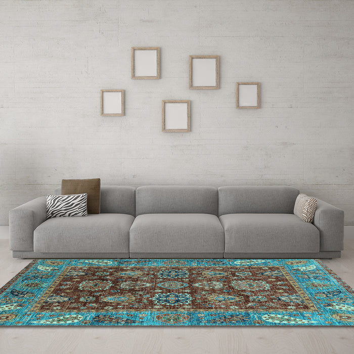 Machine Washable Oriental Light Blue Traditional Rug in a Living Room, wshabs3743lblu