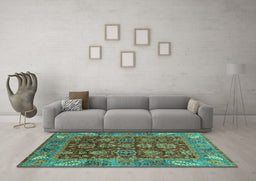 Machine Washable Oriental Turquoise Traditional Area Rugs in a Living Room,, wshabs3743turq