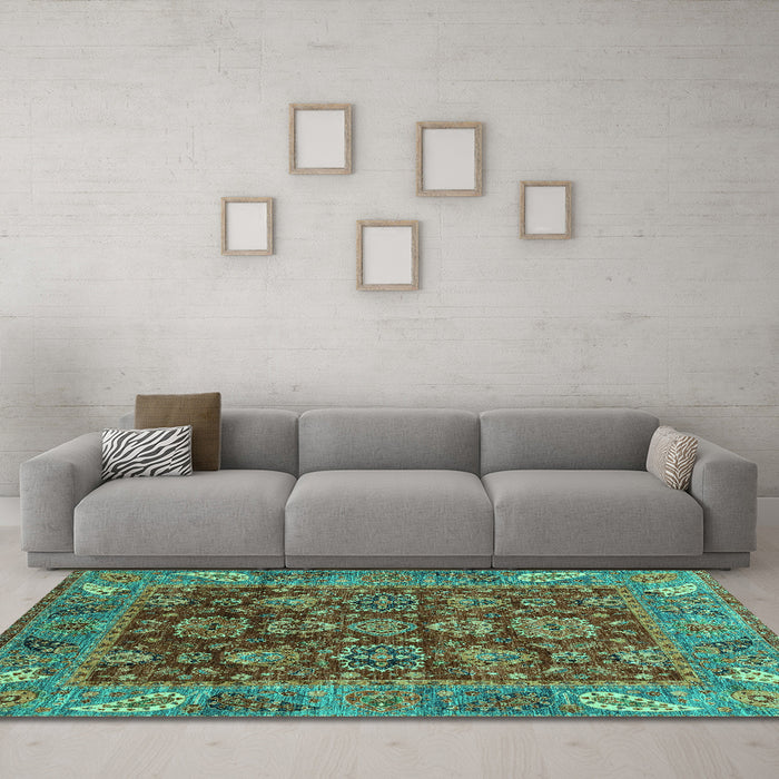 Machine Washable Oriental Turquoise Traditional Area Rugs in a Living Room,, wshabs3743turq