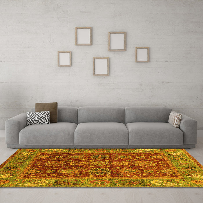 Machine Washable Oriental Yellow Traditional Rug in a Living Room, wshabs3743yw