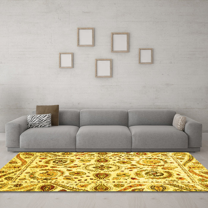 Machine Washable Abstract Yellow Modern Rug in a Living Room, wshabs3744yw