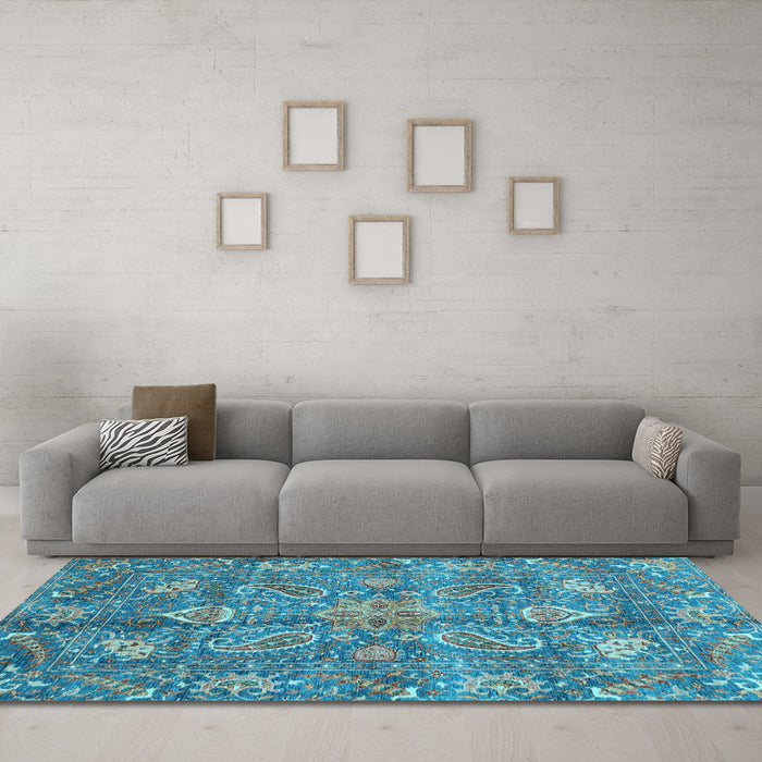 Machine Washable Oriental Light Blue Traditional Rug in a Living Room, wshabs3746lblu