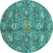 Round Machine Washable Oriental Turquoise Traditional Area Rugs, wshabs3746turq