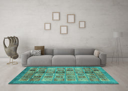 Machine Washable Abstract Turquoise Modern Area Rugs in a Living Room,, wshabs3747turq