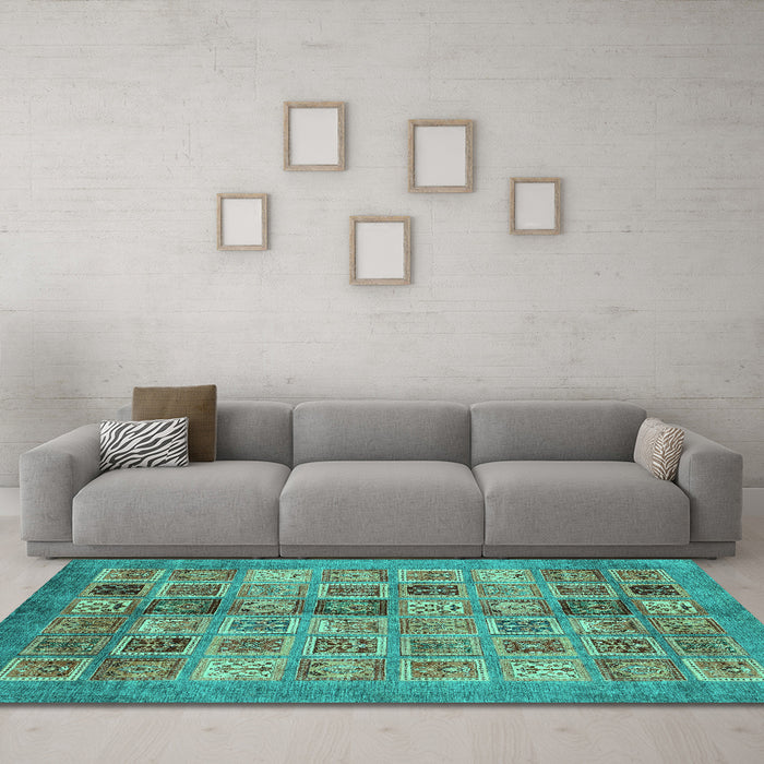 Machine Washable Abstract Turquoise Modern Area Rugs in a Living Room,, wshabs3747turq